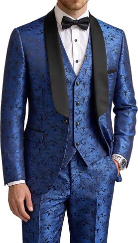 YND Men's 3 Piece Slim Fit Tuxedo Set, One Button Shawl Collar Floral Jacket Vest Pants with Bow Tie in Kuwait