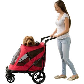 Pet Gear NO-Zip Pet Stroller with Dual Entry, Push Button Zipperless Entry for Single or Multiple Dogs/Cats, Pet Can Easily Walk in/Out, Gel-Filled Tires, Candy Red, Excursion in Kuwait