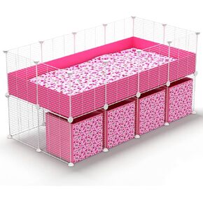 32 Panels 2x4 Pink C&C Cage for Guinea Pigs with Stand 56x28 in Space-Saving 5mm Waterproof coroplast Washable Fleece Liner and 4 Storage Boxes Small Animal Playpen Bunny Cage Hedgehog in Kuwait