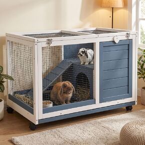 RUNSHED Two Floors Wooden Indoor Bunny Hutch Rabbit Cage on Wheels Guinea Pig PET House for Small to Medium Animals Waterproof No Leak Tray in Kuwait