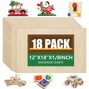 4 Pack Basswood Sheets 1/16x12x12 Inch,1/16 Basswood for Laser Cutting & Engraving, Thin Wooden Sheets, Unfinished Wood for Crafts, Plywood Sheets for Models Making, Wood Burning and Painting. in Kuwait