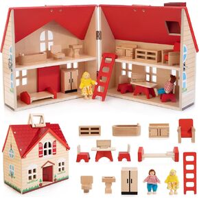 WOODMAM Foldable Wooden Dollhouse with Furniture for Pretend Play in Kuwait