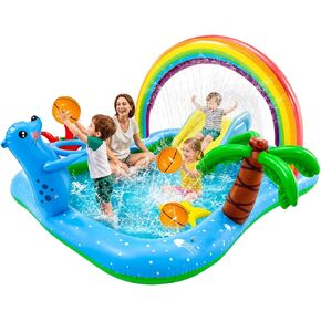 Inflatable Play Center Pool with Water Slide, 90.6 X 77.6in Rainbow Sprinkler Arch & Seal Design Kiddie Pool for Kid's Summer Backyard Splash Toy with Slide, Sprinkler & Play Area in Kuwait