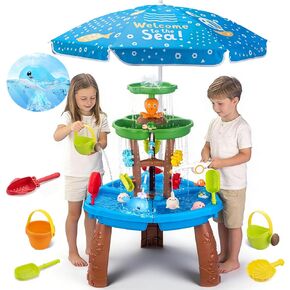 Water Table for Toddlers with Water Pump and Fishing Game Set 3-Tier Kids Sand Water Table with Umbrella Sensory Outdoor Toys for Kids Ages 4-8 Outside Toys Backyard for Kids Toddlers Age 3-10 in Kuwait
