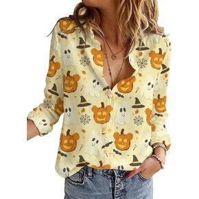 Halloween Shirt Women Hocus Pocus Shirt Halloween Witch Tee Pumpkin Graphic Shirt Long Sleeve Button Down Blouse in Saudi Arabia