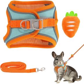 Bunny Harness and Leash Set Double Buckle | Soft Rabbit Harnesses with Carrot | Adjustable Reflective Strips Jacket Escape-Proof Vest for Puppy Guinea Pigs Pet Ferret Walking(Green-Orange -S) in Kuwait