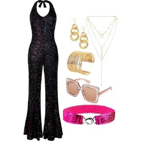 SOMSOC 70s Disco Jumpsuit Costumes Women Fashion Disco Accessories for Halloween Necklace Earrings Bracelet Glasses Belt in Kuwait