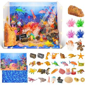 Gleom Ocean Diorama Kit with Under The Sea Animal Figures, Mini Shark and Fish Set, Artificial Coral and Seagrass Habitat Supplies with Gift Box for Birthday Party Decor and Creative Play in Kuwait