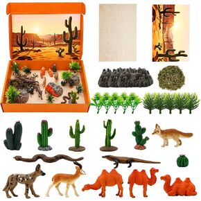 Suxzioec 30 Pcs Desert Diorama Box Kit Desert Diorama Supplies Include Deserts Animal Figures Toys Habitat Project Box Set with Reptiles Camel Fox Lizard Snake for Historical Education School Project in Kuwait