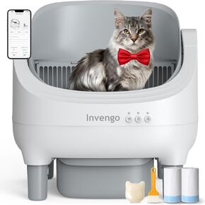 Invengo Automatic Cat Litter Box Self Cleaning, App Control, Open-Top Automatic Litter Box with Safety Sensors, Ultra-Quiet, 10.5L Waste Bin with Odor Control, 2 Rolls of Garbage Bags, LightGrey in Kuwait