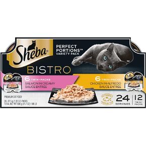 Sheba Perfect PORTIONS Bistro Wet Cat Food Trays (12 Count, 24 Servings), Chicken in Alfredo Sauce and Salmon in Creamy Sauce Entrée, Easy Peel Twin-Pack Trays in Kuwait