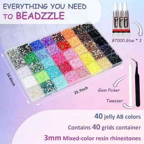 40000Pcs Jelly Rhinestones Bedazzling Kit, 40 Colors Bedazzler Kit with Rhinestones 3mm Flatback Resin Bedazzler Gems with 3Pcs B7000 Jewelry Glue for Bedazzled Thing DIY Crafts, Nail Art in Kuwait