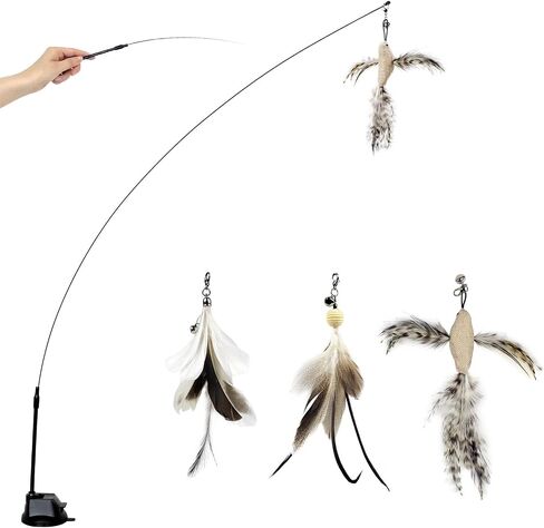 Cat Feather Wand Toy with Suction Cup, 2 in 1 Hands Free & Handheld Interactive Cat Teaser, Long Flexible Steel Wire Stick, 3 Replaceable Feather Bird Attachments with Bells for Indoor Kittens & Cats. in Saudi Arabia