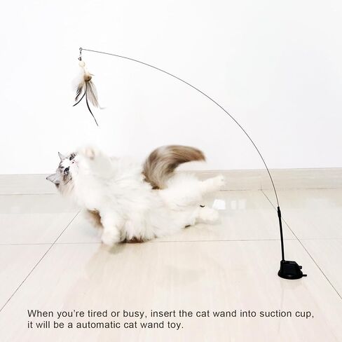 Cat Feather Wand Toy with Suction Cup, 2 in 1 Hands Free & Handheld Interactive Cat Teaser, Long Flexible Steel Wire Stick, 3 Replaceable Feather Bird Attachments with Bells for Indoor Kittens & Cats. in Saudi Arabia
