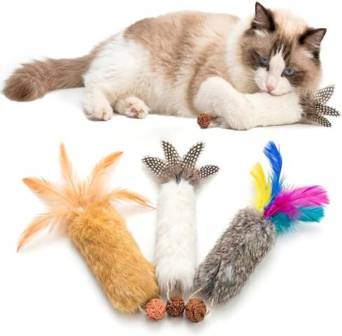 Cat Toy Rabbit Fur Feather 3pcs Gall Fruit Treat Kitten Kick Indoor in Saudi Arabia