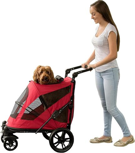 Pet Gear NO-Zip Pet Stroller with Dual Entry, Push Button Zipperless Entry for Single or Multiple Dogs/Cats, Pet Can Easily Walk in/Out, Gel-Filled Tires, Candy Red, Excursion in Kuwait