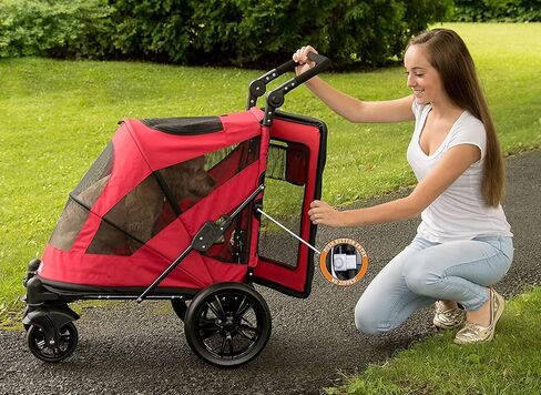 Pet Gear NO-Zip Pet Stroller with Dual Entry, Push Button Zipperless Entry for Single or Multiple Dogs/Cats, Pet Can Easily Walk in/Out, Gel-Filled Tires, Candy Red, Excursion in Kuwait