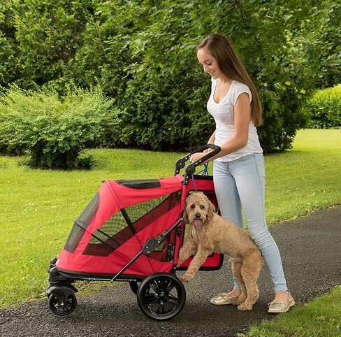 Pet Gear NO-Zip Pet Stroller with Dual Entry, Push Button Zipperless Entry for Single or Multiple Dogs/Cats, Pet Can Easily Walk in/Out, Gel-Filled Tires, Candy Red, Excursion in Kuwait