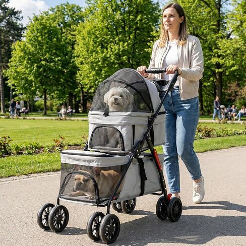 Double Pet Stroller for Cats and Dogs, 2-in-1 Lightweight Foldable Travel Cart with Cup Holder and Foot Brake, Double Dog Stroller for Small Dogs, Cat Stroller for 2 Cats in Saudi Arabia