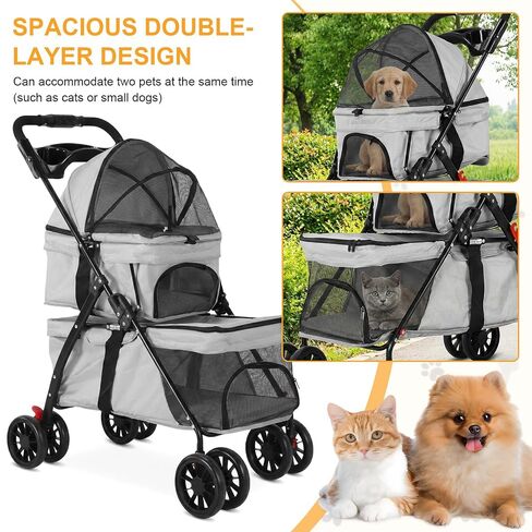 Double Pet Stroller for Cats and Dogs, 2-in-1 Lightweight Foldable Travel Cart with Cup Holder and Foot Brake, Double Dog Stroller for Small Dogs, Cat Stroller for 2 Cats in Saudi Arabia