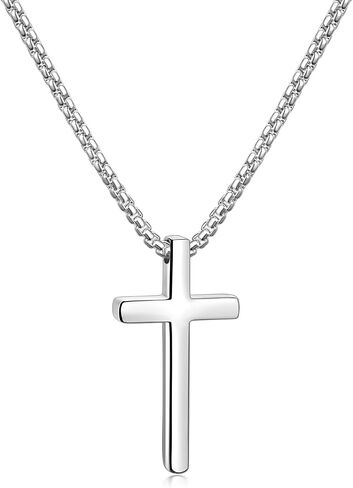 Fiusem Silver Cross Necklace for Men, Mens Cross Necklaces with 2.5mm Cross Chain and Stainless Steel Cross Pendant, Box Chain 16-24 Inch in Kuwait