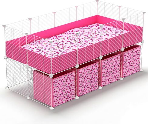 32 Panels 2x4 Pink C&C Cage for Guinea Pigs with Stand 56x28 in Space-Saving 5mm Waterproof coroplast Washable Fleece Liner and 4 Storage Boxes Small Animal Playpen Bunny Cage Hedgehog in Kuwait