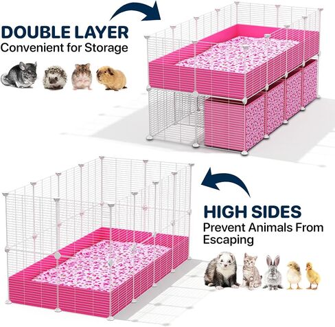 32 Panels 2x4 Pink C&C Cage for Guinea Pigs with Stand 56x28 in Space-Saving 5mm Waterproof coroplast Washable Fleece Liner and 4 Storage Boxes Small Animal Playpen Bunny Cage Hedgehog in Kuwait
