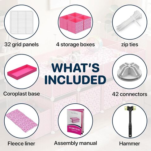 32 Panels 2x4 Pink C&C Cage for Guinea Pigs with Stand 56x28 in Space-Saving 5mm Waterproof coroplast Washable Fleece Liner and 4 Storage Boxes Small Animal Playpen Bunny Cage Hedgehog in Kuwait