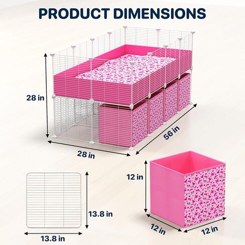 32 Panels 2x4 Pink C&C Cage for Guinea Pigs with Stand 56x28 in Space-Saving 5mm Waterproof coroplast Washable Fleece Liner and 4 Storage Boxes Small Animal Playpen Bunny Cage Hedgehog in Kuwait