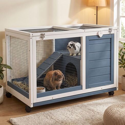 RUNSHED Two Floors Wooden Indoor Bunny Hutch Rabbit Cage on Wheels Guinea Pig PET House for Small to Medium Animals Waterproof No Leak Tray in Kuwait