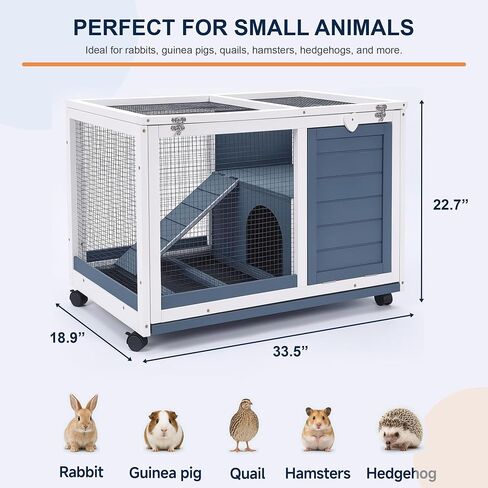 RUNSHED Two Floors Wooden Indoor Bunny Hutch Rabbit Cage on Wheels Guinea Pig PET House for Small to Medium Animals Waterproof No Leak Tray in Kuwait