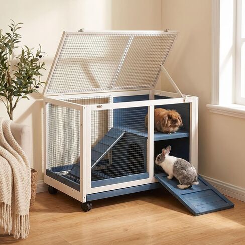 RUNSHED Two Floors Wooden Indoor Bunny Hutch Rabbit Cage on Wheels Guinea Pig PET House for Small to Medium Animals Waterproof No Leak Tray in Kuwait