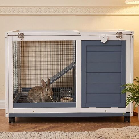 RUNSHED Two Floors Wooden Indoor Bunny Hutch Rabbit Cage on Wheels Guinea Pig PET House for Small to Medium Animals Waterproof No Leak Tray in Kuwait