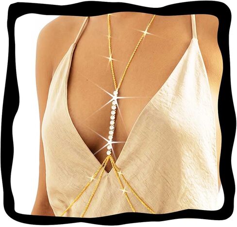 Gemily Boho Rhinestone Body Chains Layered Bra Chain Rave Chest Chain Nightclub Body Jewelry Accessores for Women and Girls in Kuwait