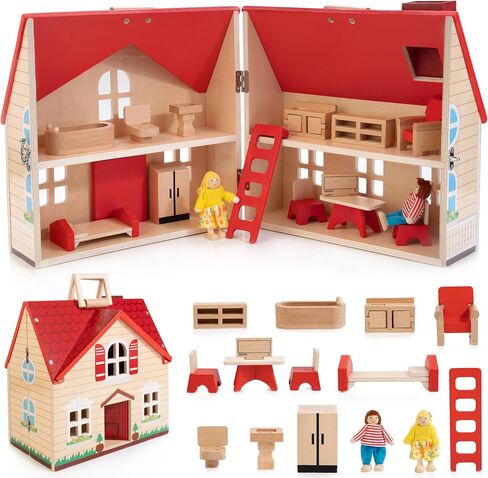 WOODMAM Foldable Wooden Dollhouse with Furniture for Pretend Play in Kuwait