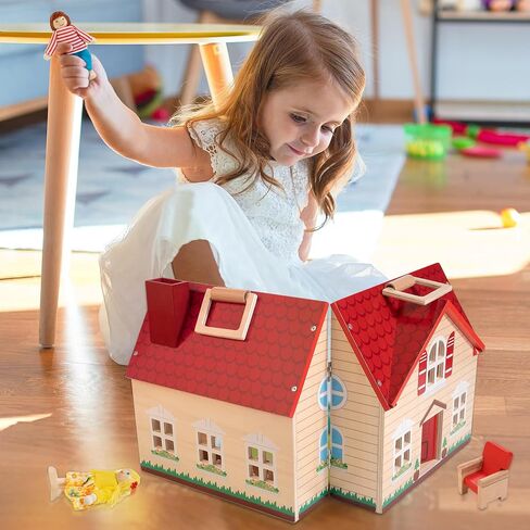 WOODMAM Foldable Wooden Dollhouse with Furniture for Pretend Play in Kuwait