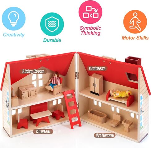 WOODMAM Foldable Wooden Dollhouse with Furniture for Pretend Play in Kuwait