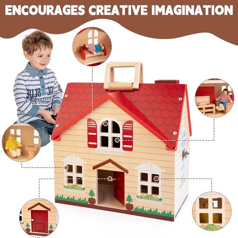 WOODMAM Foldable Wooden Dollhouse with Furniture for Pretend Play in Kuwait