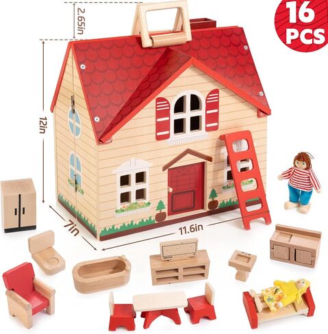 WOODMAM Foldable Wooden Dollhouse with Furniture for Pretend Play in Kuwait