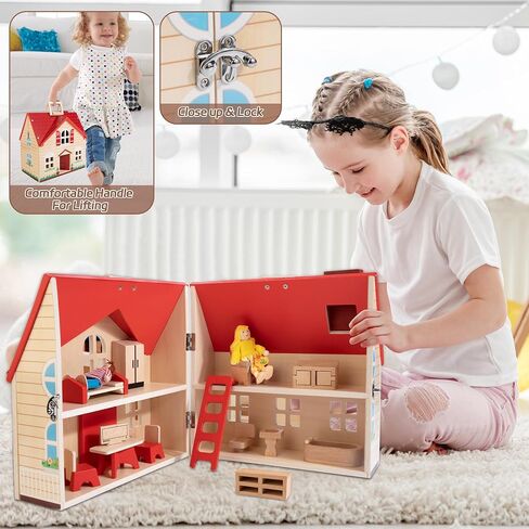 WOODMAM Foldable Wooden Dollhouse with Furniture for Pretend Play in Kuwait