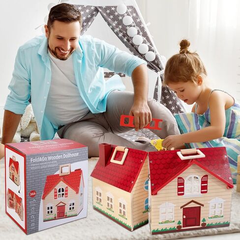 WOODMAM Foldable Wooden Dollhouse with Furniture for Pretend Play in Kuwait