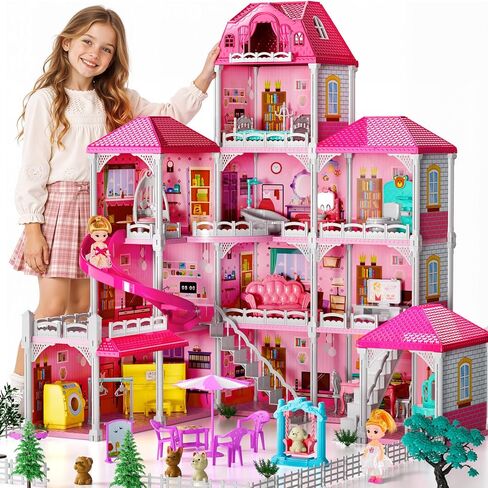 4-Story Pink Home for Girls Ages 3+, 12 Rooms Villa Playset and 2 Dolls in Kuwait