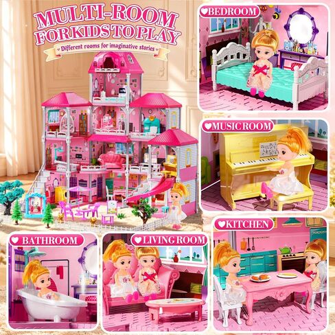 4-Story Pink Home for Girls Ages 3+, 12 Rooms Villa Playset and 2 Dolls in Kuwait