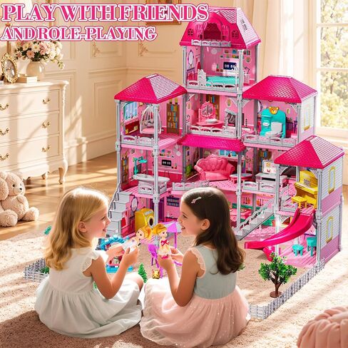 4-Story Pink Home for Girls Ages 3+, 12 Rooms Villa Playset and 2 Dolls in Kuwait