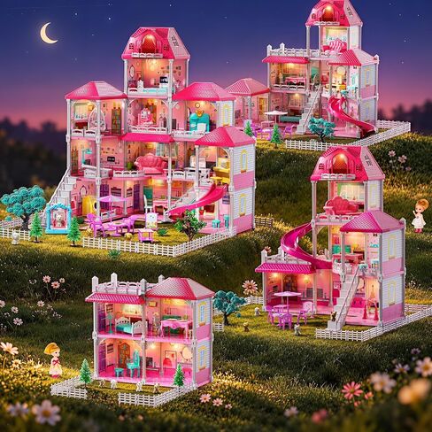 4-Story Pink Home for Girls Ages 3+, 12 Rooms Villa Playset and 2 Dolls in Kuwait