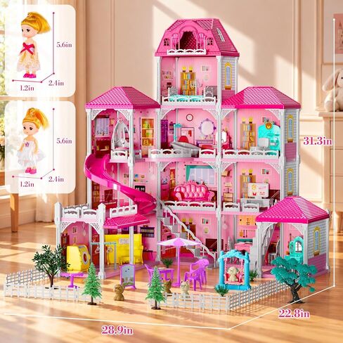 4-Story Pink Home for Girls Ages 3+, 12 Rooms Villa Playset and 2 Dolls in Kuwait
