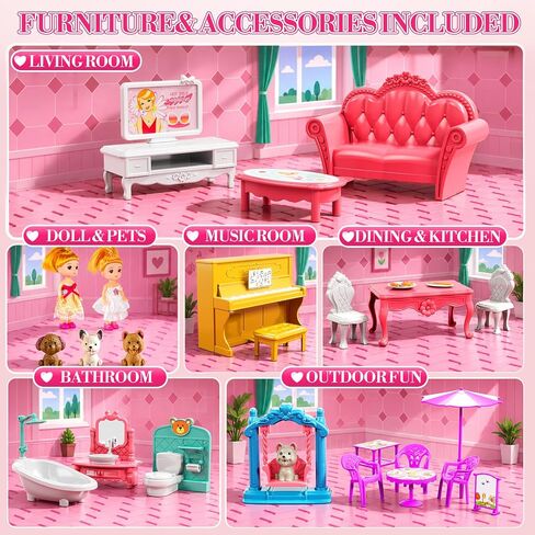 4-Story Pink Home for Girls Ages 3+, 12 Rooms Villa Playset and 2 Dolls in Kuwait