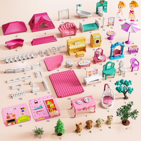 4-Story Pink Home for Girls Ages 3+, 12 Rooms Villa Playset and 2 Dolls in Kuwait