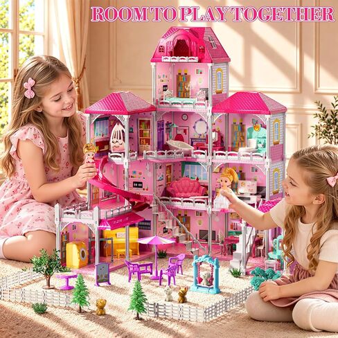 4-Story Pink Home for Girls Ages 3+, 12 Rooms Villa Playset and 2 Dolls in Kuwait