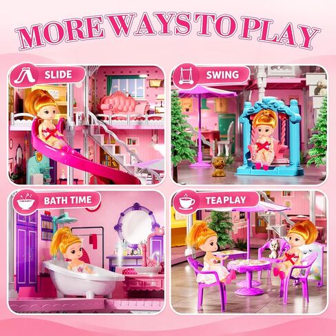 4-Story Pink Home for Girls Ages 3+, 12 Rooms Villa Playset and 2 Dolls in Kuwait